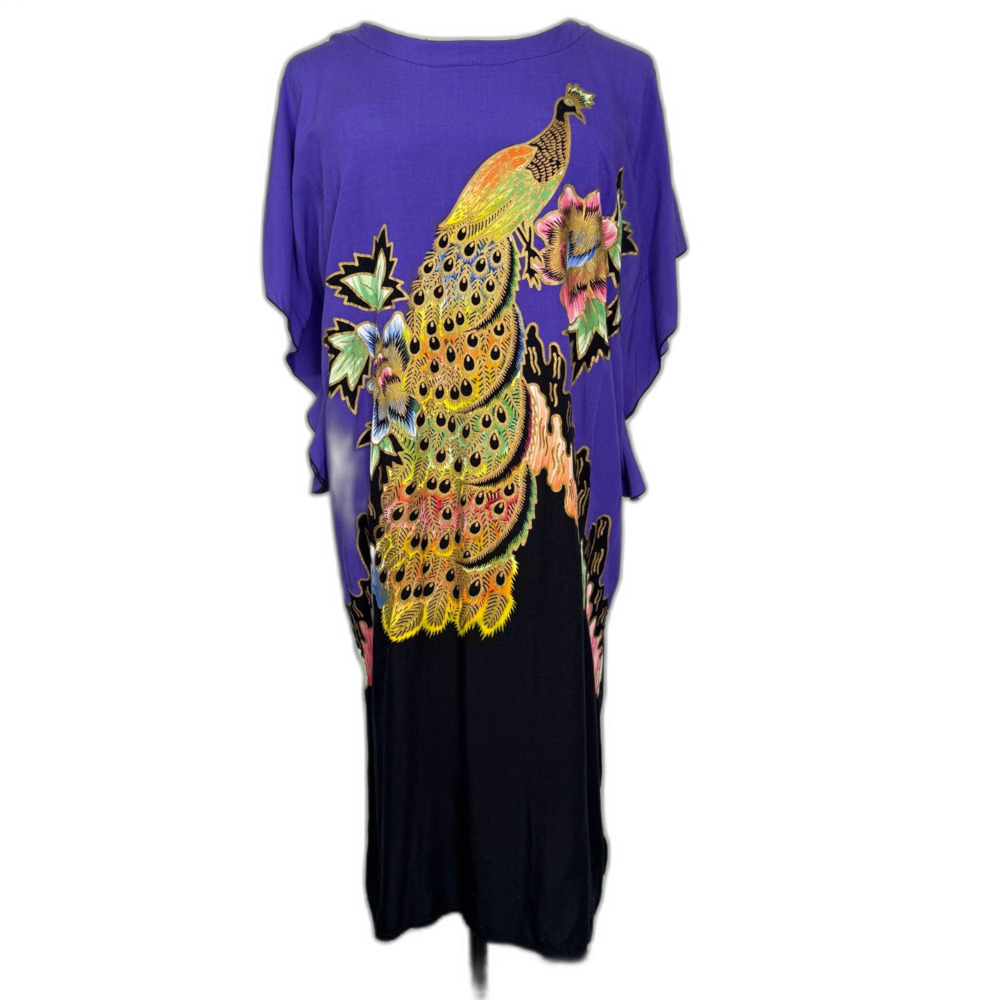 Vintage Puri Kencana Purple Peacock & Floral Batik Halus Dress Muumuu 1970-1980s